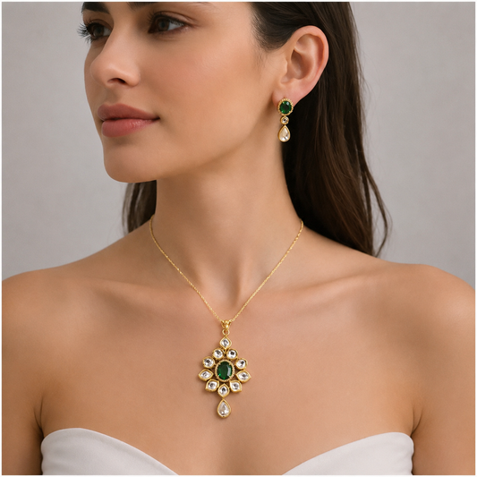 Royal Green Emerald Kundan Pendant & Earrings Set | Gold Polished
