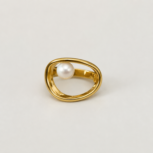 Oval Gold Pearl Ring | Minimalist Floating Pearl Statement