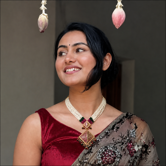 Traditional Kundan Gold Plated Pearl Necklace with Red & Green Beads Pendant