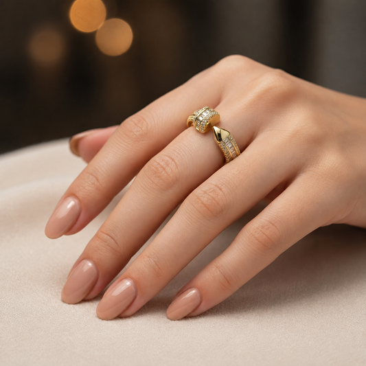 18K Gold Plated Baguette Diamond Bypass Ring | Adjustable Open Wrap Luxury Statement Ring For Women