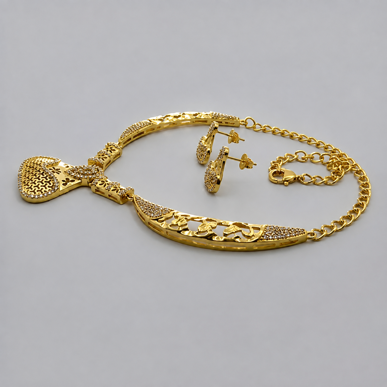 Floral Cutwork American Diamond Gold Plated Necklace And Earrings Set