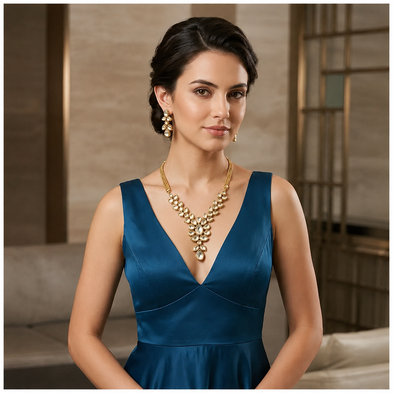 Royal Kundan Polki Gold Plated Necklace And Drop Earrings Set
