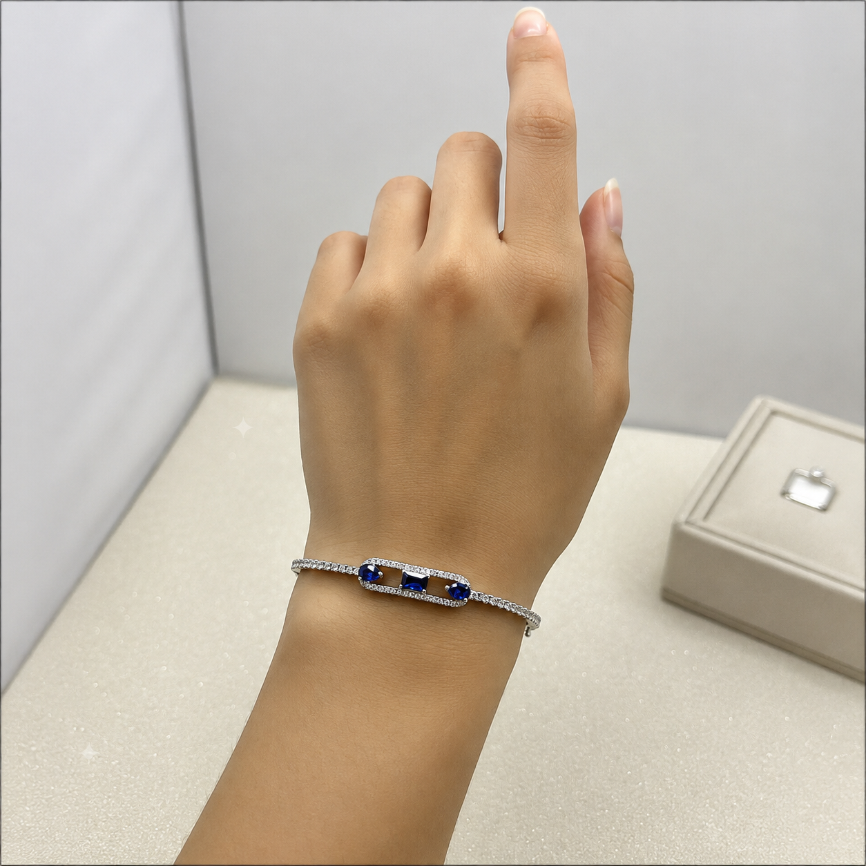 Blue Sapphire Cz Bracelet | White Gold Finish