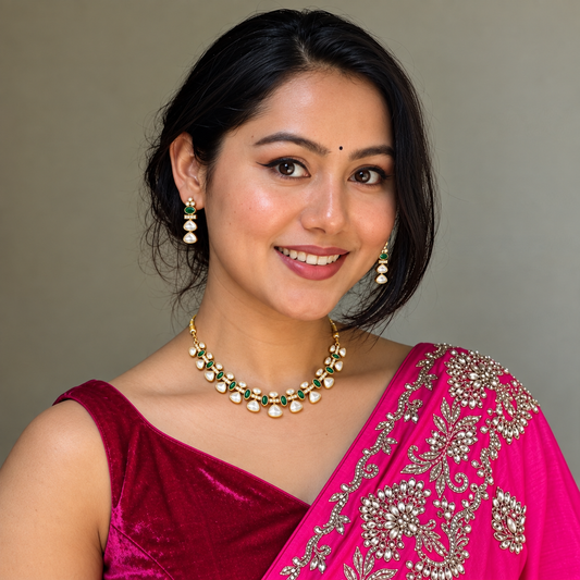 Royal Kundan & Emerald Gold-Toned Festive Brass Necklace - earrings Set