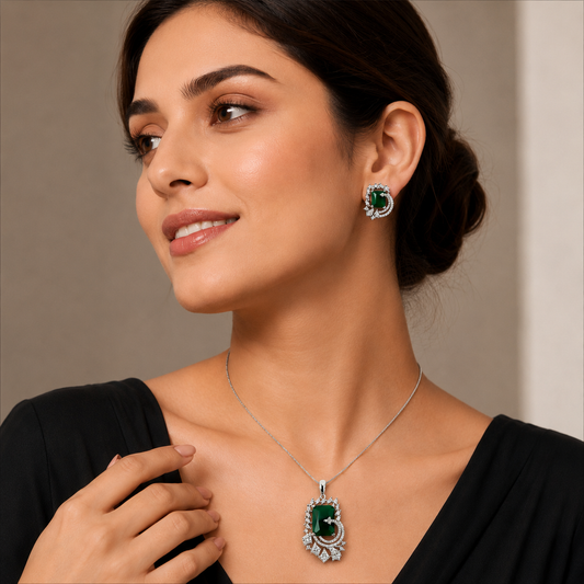 Emerald Green Crystal Pendant Set with American Diamonds | Silver-Toned Designer Necklace & Earrings for Women