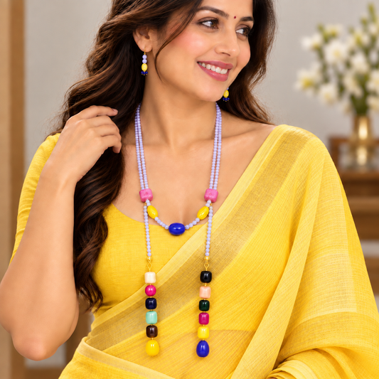 Handmade Lavender & Gemstone Long Statement Necklace Set