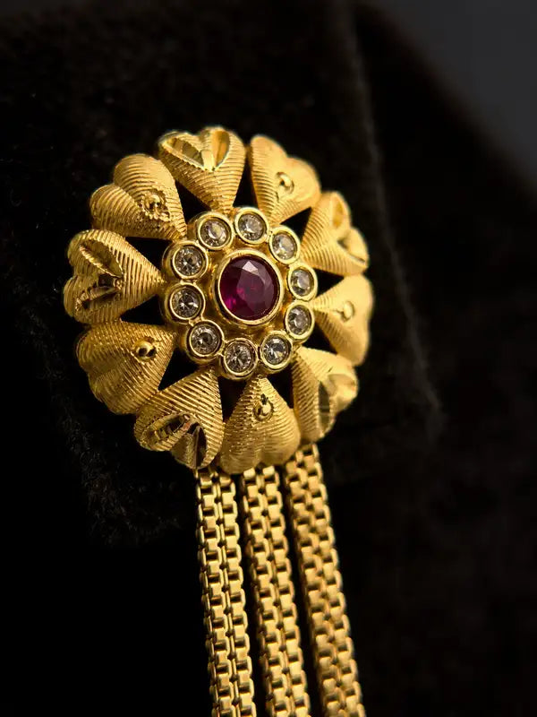 Classic Ruby Floral Tassel Earrings , Gold plated , Drop Statement Earrings