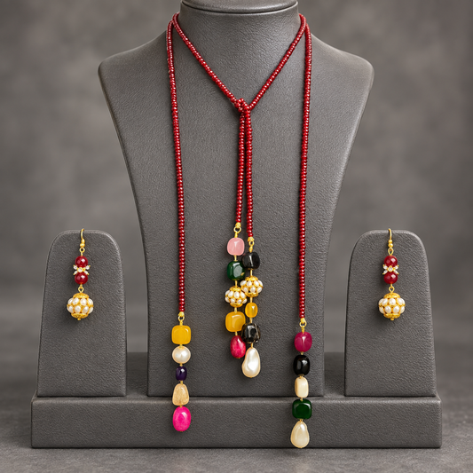Crimson Garnet double string mala and multi colourgemstone Lariat set with earrings