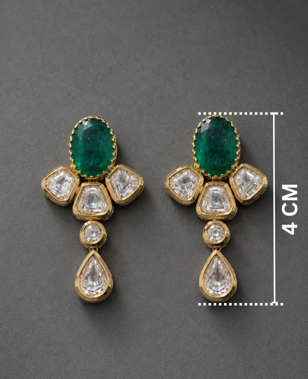 Premium Emerald Green and Kunden Drop Earrings , Gold- Plated Statement Earrings ideal for party, wedding and festival