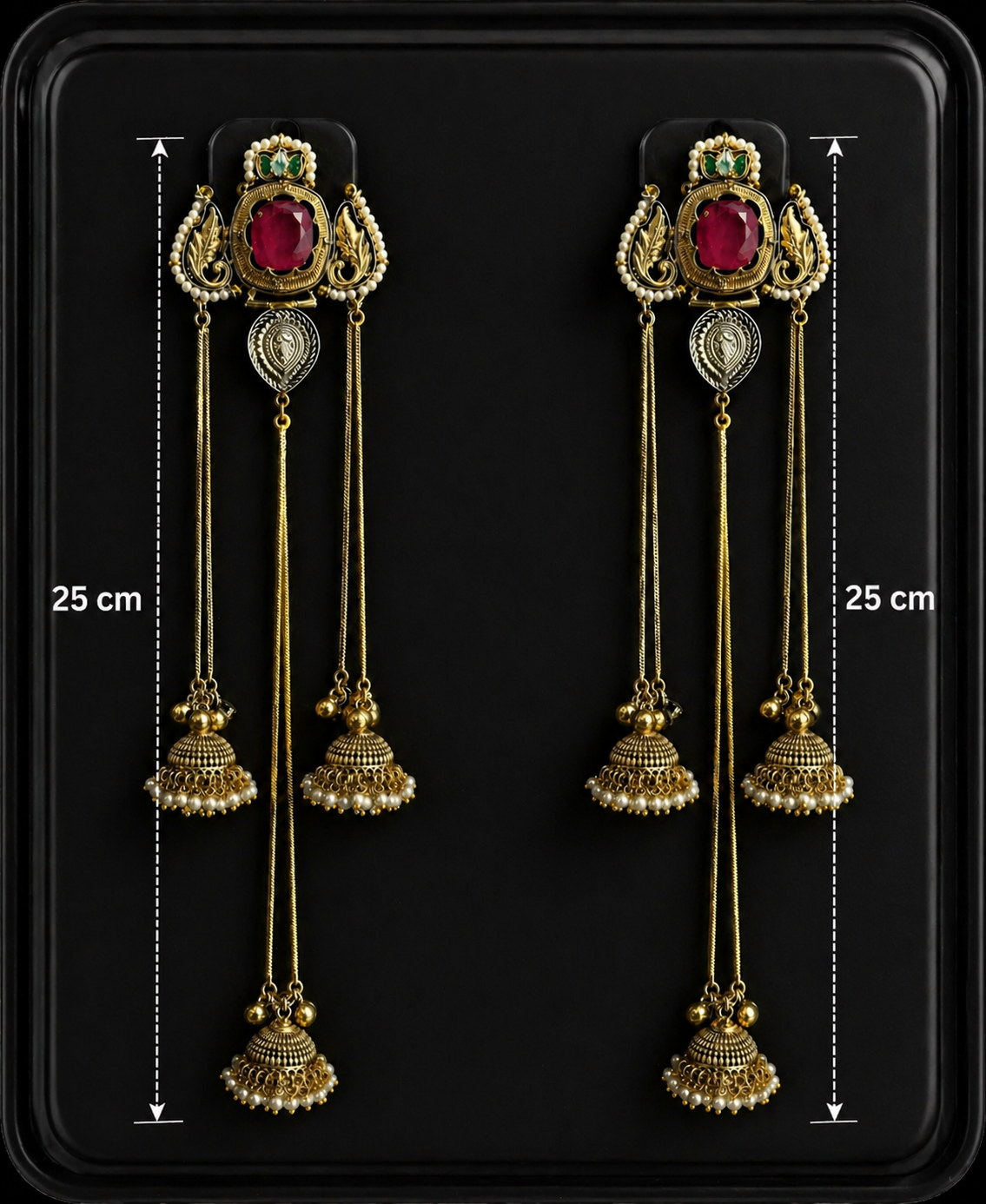 Premium Kashmiri style Dual tone, Anti tarnish, Long chain jhumkis with Ruby Stone