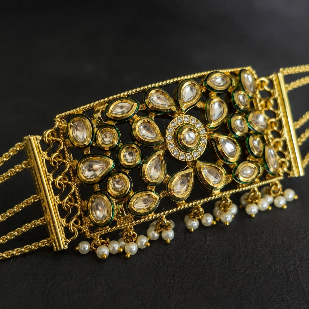 Premium Kundan Bracelet , Gold Plated, With Pearl Dangling ,Ethnic wrist wear for weddings , festivals and parties.