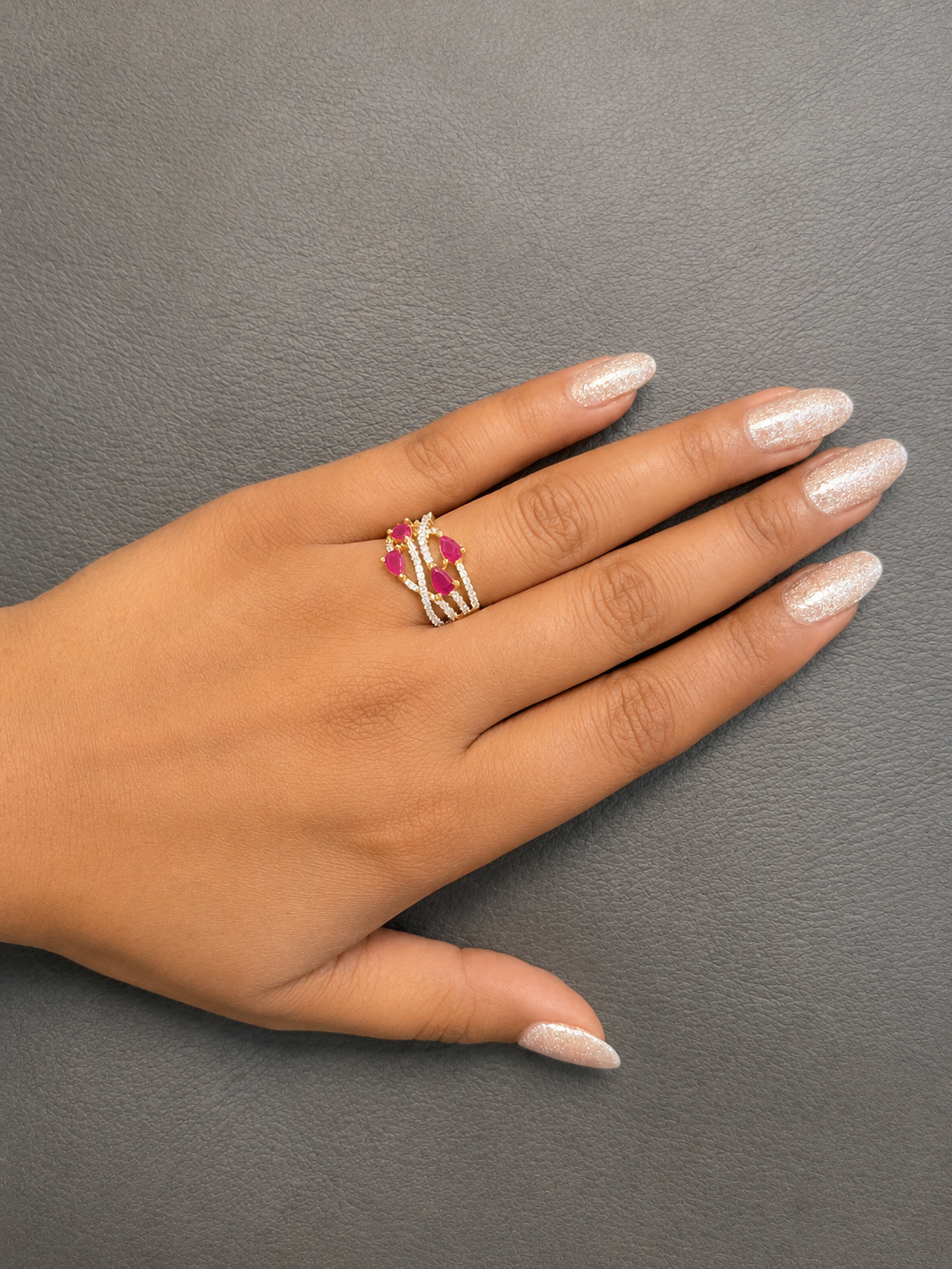 Ruby Pink Pear Cut CZ Multi-Band Statement Ring for Women | Gold Plated Criss-Cross Cocktail Ring | Adjustable Luxury Fashion Jewelry