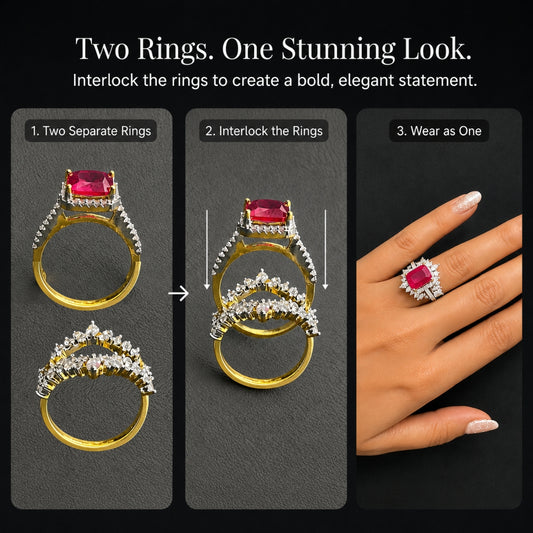 4-in-1 Interchangeable CZ Ring Set | Modular Frame Ring with 3 Detachable Gemstone Inserts – Ruby, Emerald & Diamond Look | Stackable Convertible Cocktail Ring | Customisable Statement Jewellery