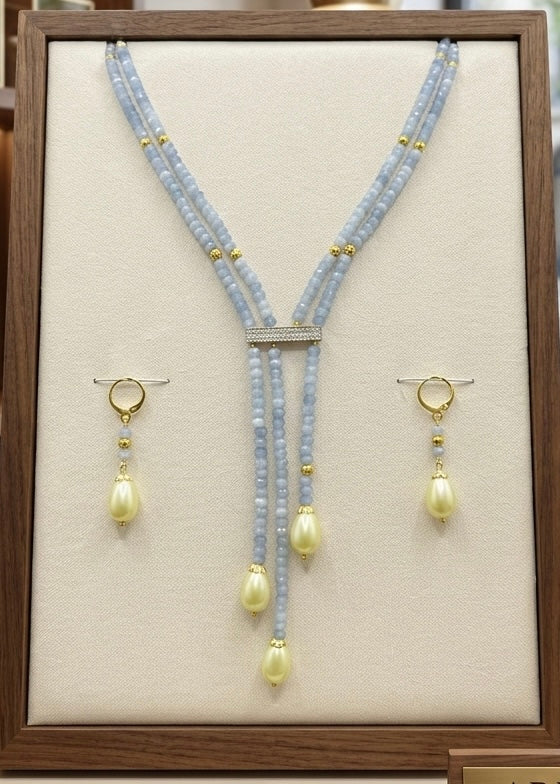 Gray Quartz And Pearl Handmade Multi Strand Gemstone Lariat Necklace Set