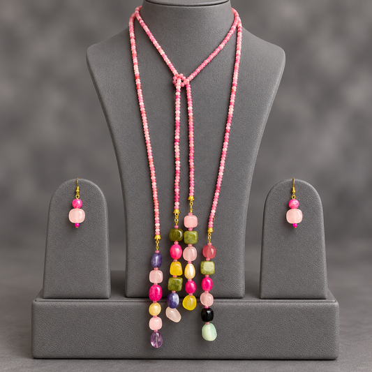 Pink Sapphire double string mala and multi colourgemstone Lariat set with earrings