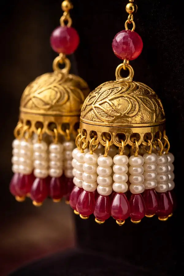Antique Gold Pearl And Ruby Jhumka Earrings
