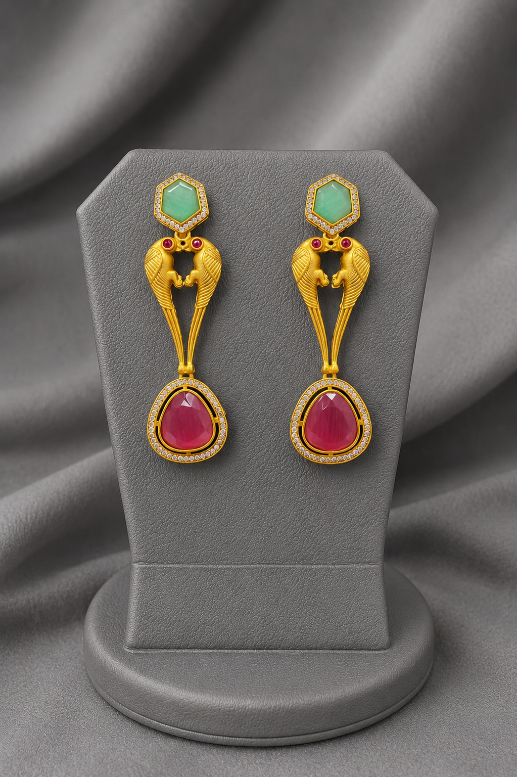 Emerald And Amethyst Gold Polished Fusion Bird Motif Statement Drops For Festive Wear
