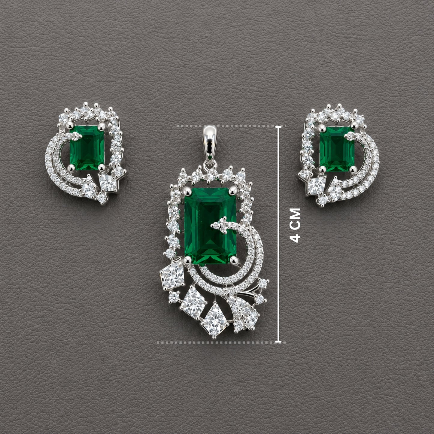 Emerald Green Crystal Pendant Set with American Diamonds | Silver-Toned Designer Necklace & Earrings for Women
