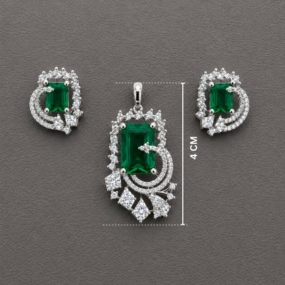Emerald Green Crystal AD Pendant Set - Silver Toned Designer
