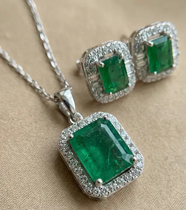 Elegant Green Emerald Cut CZ Pendant And Stud Earrings Set