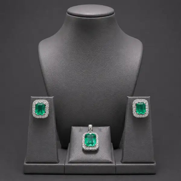 Elegant Green Emerald Cut CZ Pendant And Stud Earrings Set