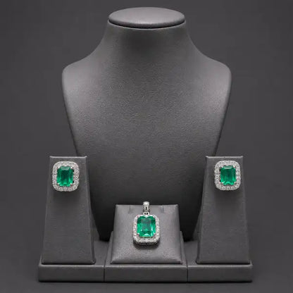 Green Emerald Cut AD Halo Pendant Set with American Diamonds