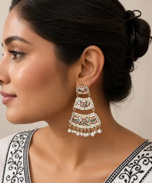 3-Tier Gold Plated Jadau Chandbali Earrings with Pearl Drops, ideal wear for wedding n festival