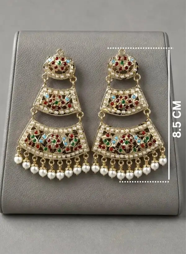 3-Tier Gold Plated Jadau Chandbali Earrings with Pearl Drops, ideal wear for wedding n festival