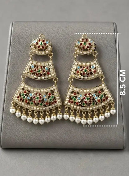 Traditional 3-Tier Chandbali Earrings | Jadau & Pearl Drop Design