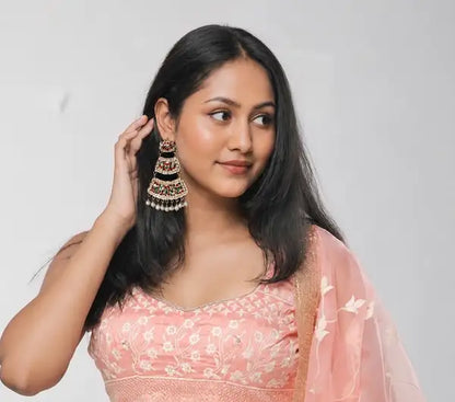 Traditional 3-Tier Chandbali Earrings | Jadau & Pearl Drop Design