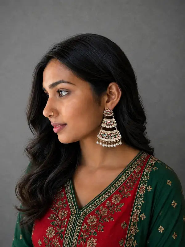 3-Tier Gold Plated Jadau Chandbali Earrings with Pearl Drops, ideal wear for wedding n festival