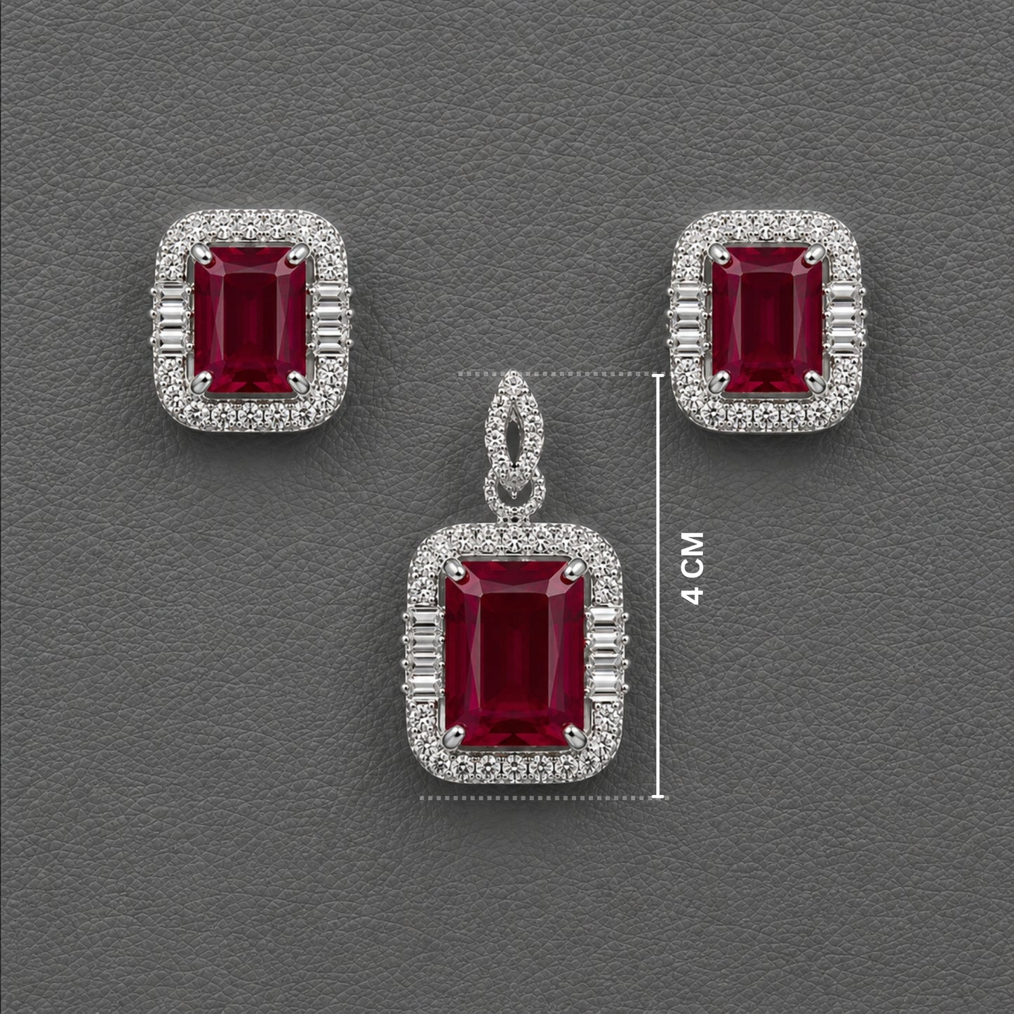 Ruby Red Crystal Pendant Set with American Diamonds | Silver-Toned Designer Necklace & Stud Earrings for Women