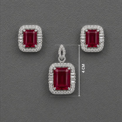 Ruby Red Crystal AD Pendant Set - Silver Toned Designer