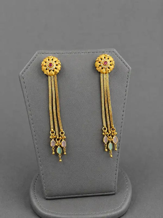 Classic Ruby Floral Tassel Earrings , Gold plated , Drop Statement Earrings