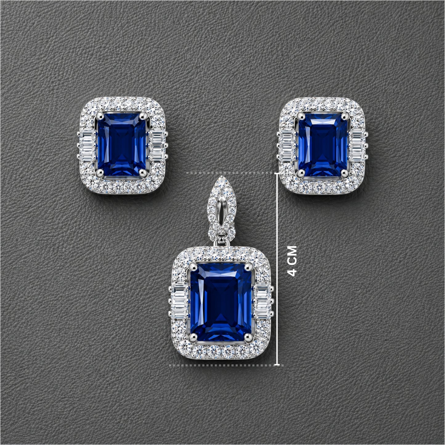 Royal Sapphire Blue Crystal Pendant Set with American Diamonds | Silver-Toned Luxury Necklace & Stud Earrings for Women