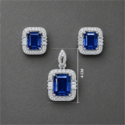 Royal Sapphire Blue Crystal AD Pendant Set - Silver Toned Luxury