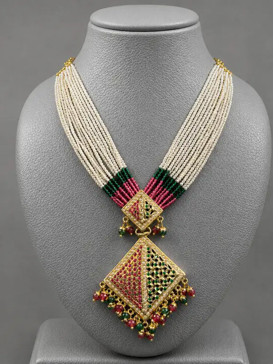 Traditional Kundan Gold Plated Pearl Necklace with Red & Green Beads Pendant