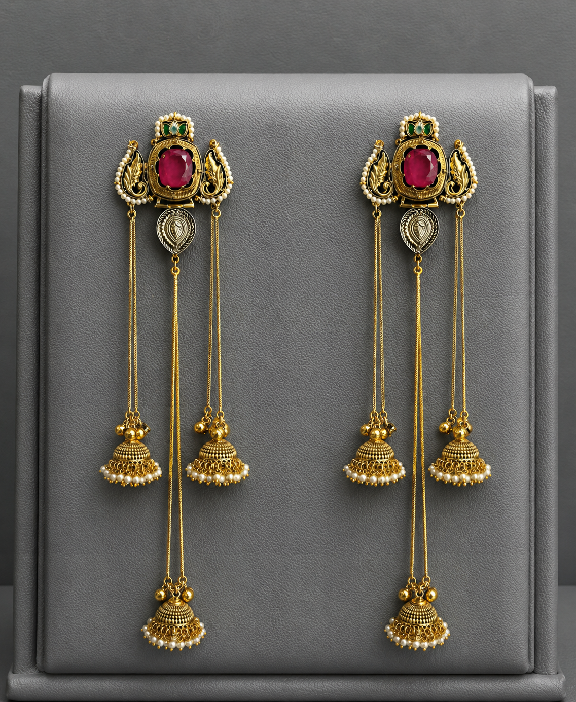 Premium Kashmiri style Dual tone, Anti tarnish, Long chain jhumkis with Ruby Stone