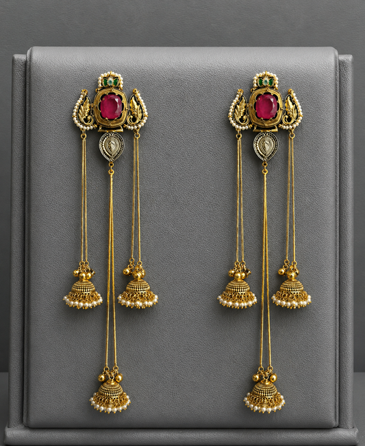 Premium Kashmiri style Dual tone, Anti tarnish, Long chain jhumkis with Ruby Stone