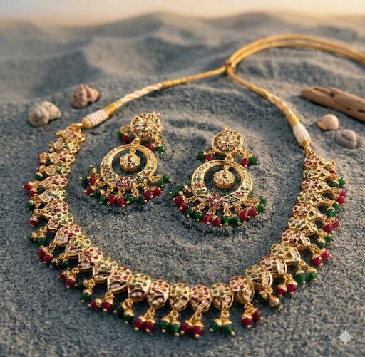 Traditional Jadau Necklace Set with Red & Green Stones and Pearl Embellishments