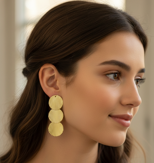 Gold Plated Textured Disc Drop Earrings