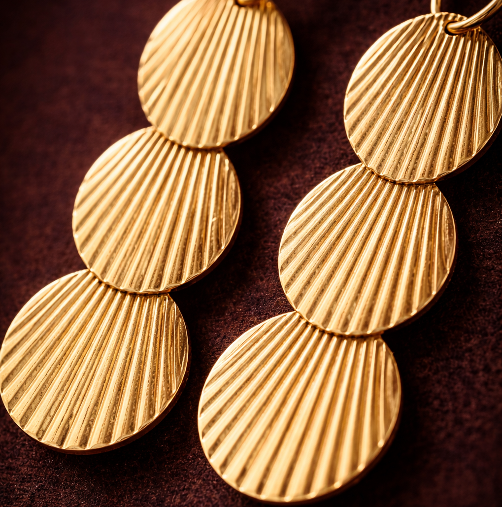 Gold Plated Textured Disc Drop Earrings