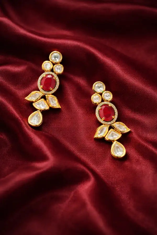 Kundan And Ruby Gold Plated Drop Earrings