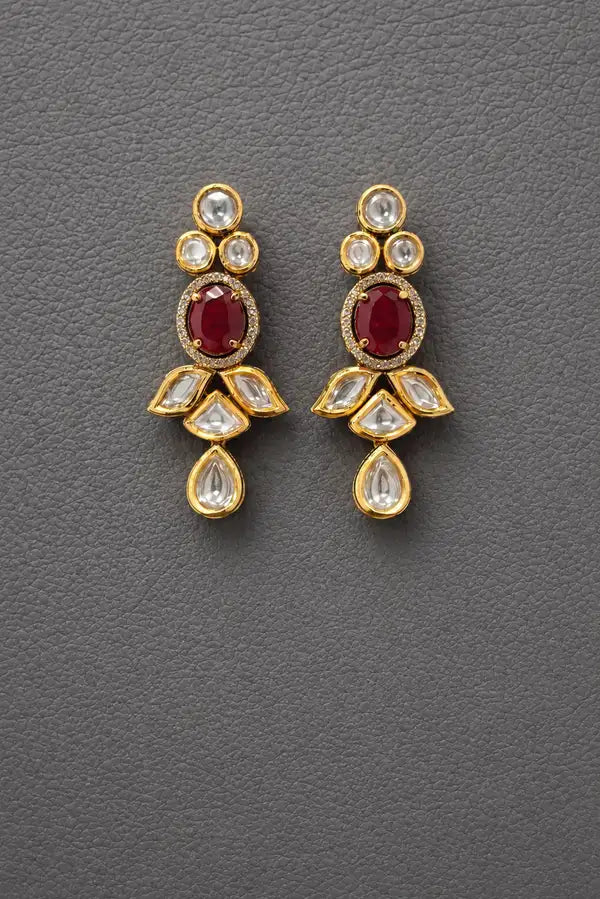 Kundan And Ruby Gold Plated Drop Earrings
