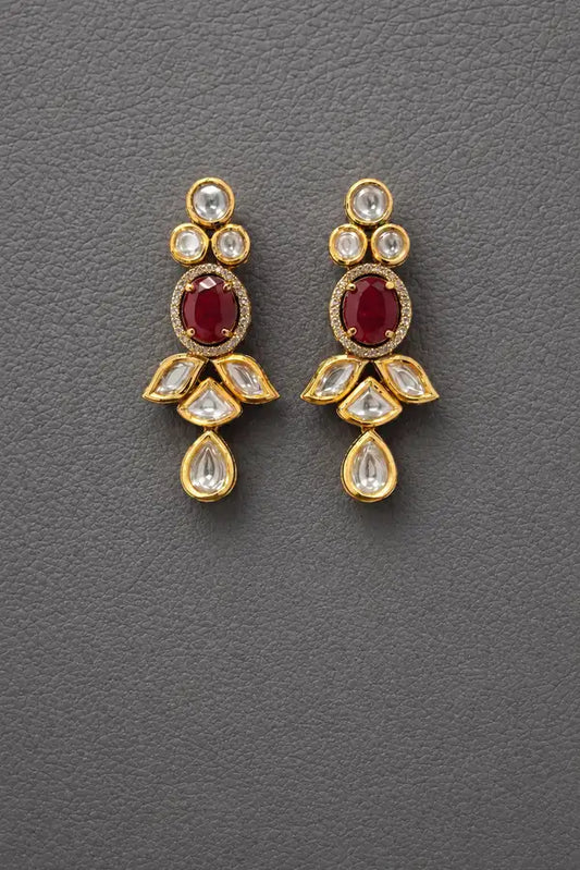 Kundan And Ruby Gold Plated Drop Earrings
