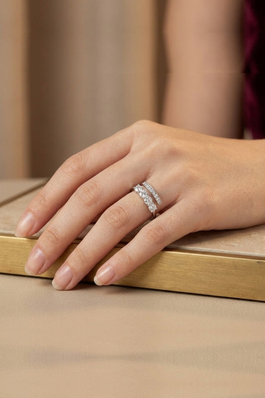 White 14K Gold Bypass Diamond Open Wrap Multi Stone Minimalist Women Ring