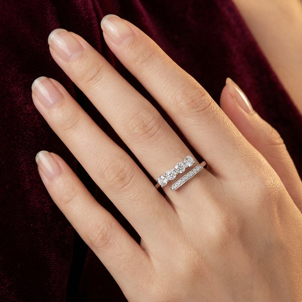 White 14K Gold Bypass Diamond Open Wrap Multi Stone Minimalist Women Ring