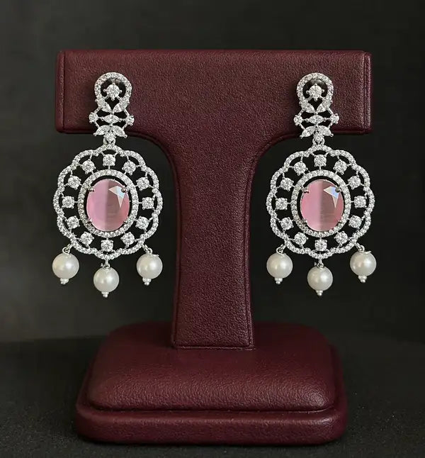 Blush Pink Oval Stone American Diamond Pearl Choker Necklace Set with Matching Earrings