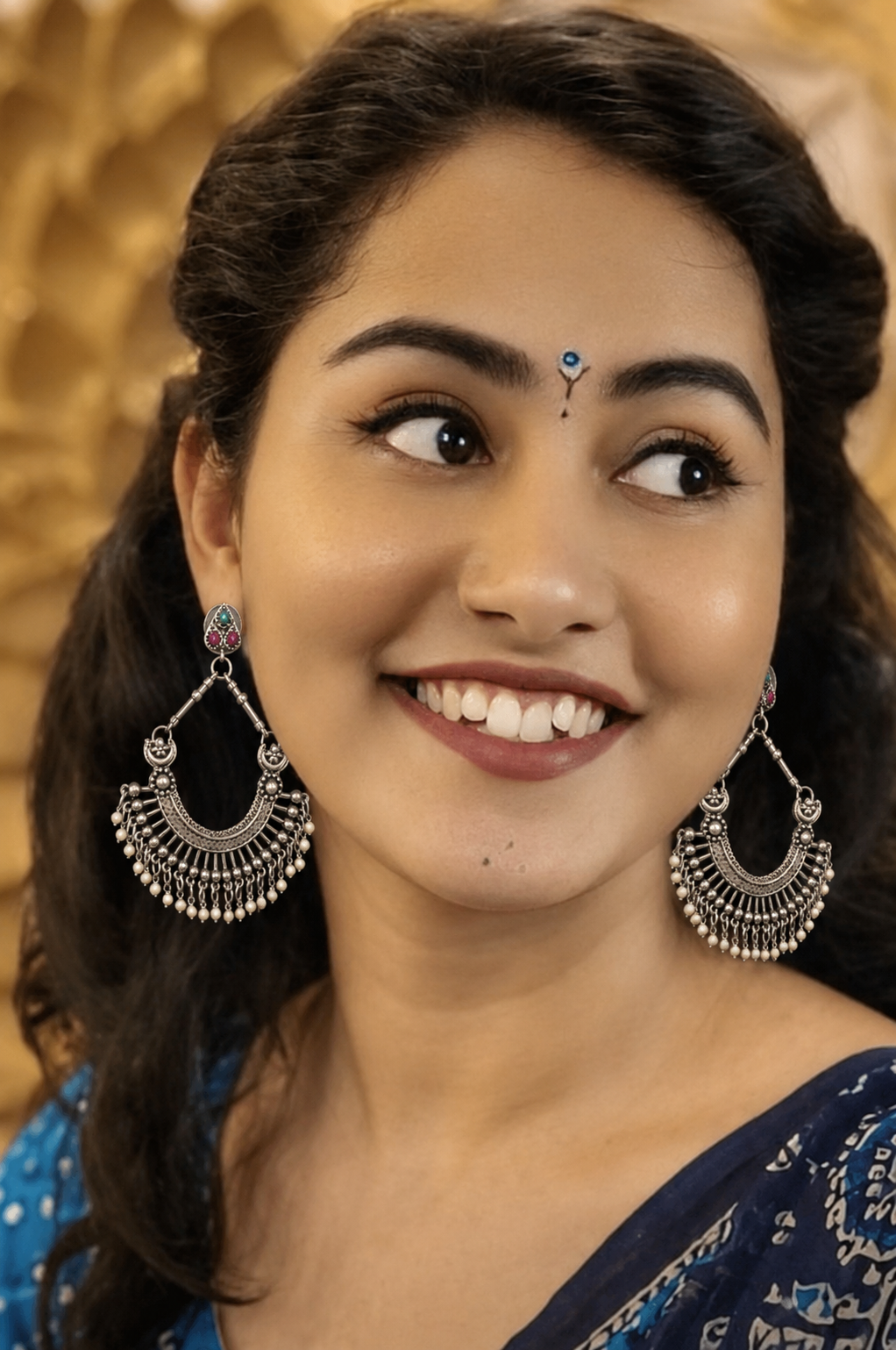 Vintage Style Silver Tone Chandbali Hoop Earrings for Women