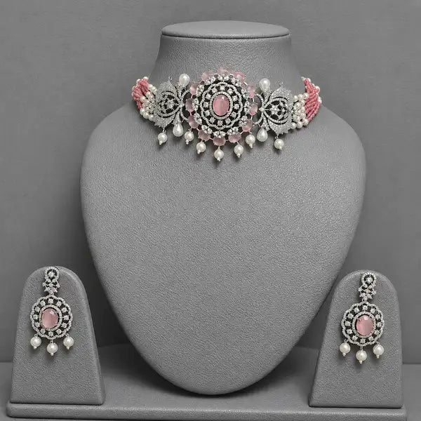 Blush Pink Oval Stone American Diamond Pearl Choker Necklace Set with Matching Earrings